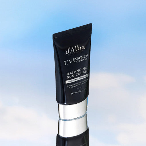 ProtoClinical k-beauty dark bottle silhouette centered above a soft white base with pale blue side panels.