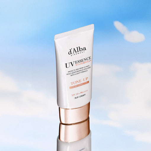 ProtoClinical k-beauty blue and white beauty graphic with a soft beige center on a light background.