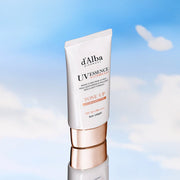 ProtoClinical k-beauty blue and white beauty graphic with a soft beige center on a light background.