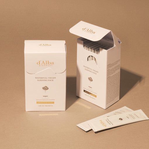 ProtoClinical k-beauty d'Alba Waterfull Vegan Sleeping Pack 4ml X 24ea shown in a pale square product graphic with warm beige shading and soft cream packaging tones