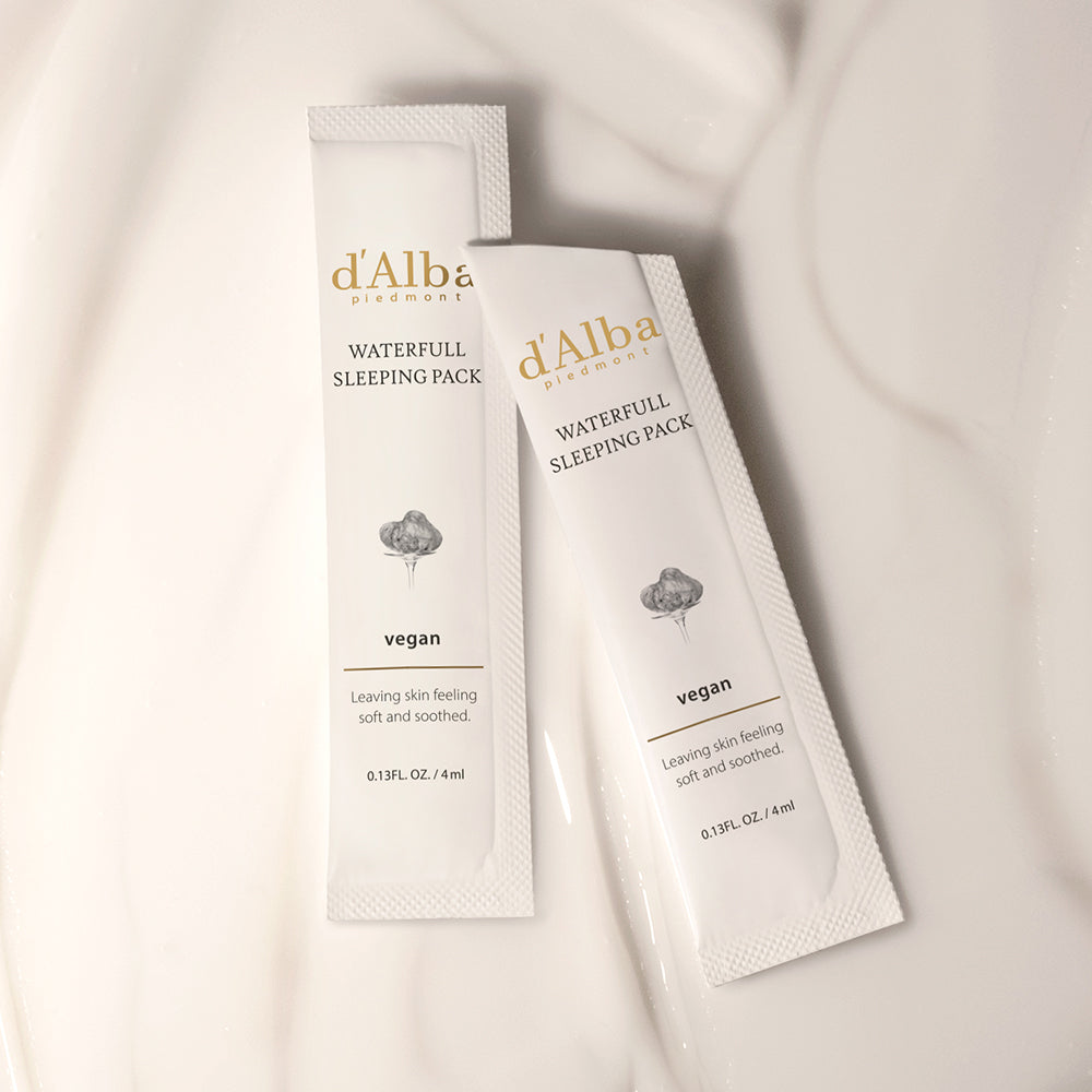 ProtoClinical k-beauty d'Alba Waterfull Vegan Sleeping Pack 4ml X 24ea shown in a square layout with muted gold, gray, and violet packaging blocks