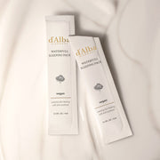 ProtoClinical k-beauty d'Alba Waterfull Vegan Sleeping Pack 4ml X 24ea shown in a square layout with muted gold, gray, and violet packaging blocks
