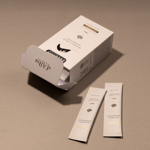 ProtoClinical k-beauty d'Alba Waterfull Vegan Sleeping Pack 4ml X 24ea shown in a square product detail graphic with golden yellow, orange, and violet panels