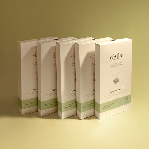 ProtoClinical k-beauty d'Alba White Truffle Double Mask Pack [Calming/Hydrating] 34.5g X 20ea shown in a square detail graphic with pale blue, peach, and cream color blocks