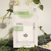 ProtoClinical k-beauty d'Alba White Truffle Double Mask Pack [Calming/Hydrating] 34.5g X 20ea shown in a square graphic with red, green, and tan product-detail panels