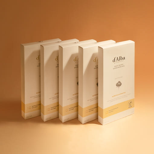 ProtoClinical k-beauty d'Alba White Truffle Double Mask Pack [Nutritive/Hydrating] 32.5g X 20ea shown in a square detail graphic with mint, lavender, and soft yellow packaging colors