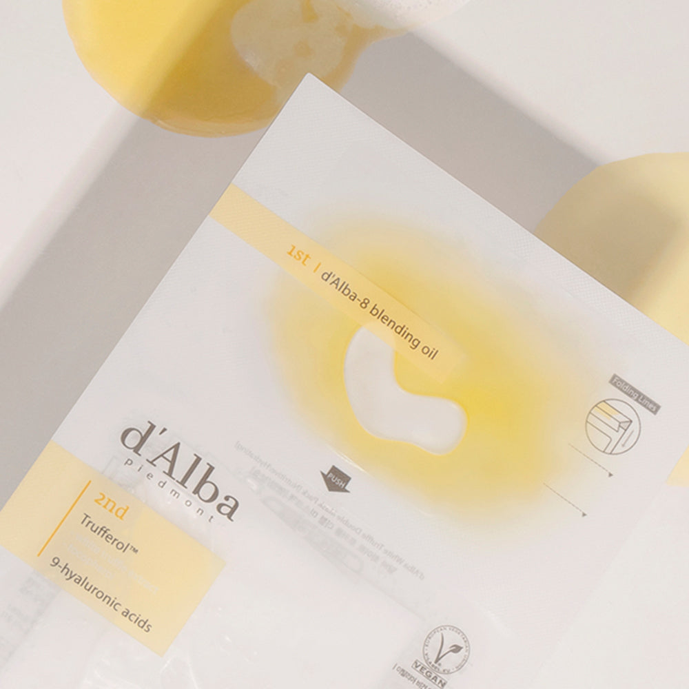 ProtoClinical k-beauty d'Alba White Truffle Double Mask Pack [Nutritive/Hydrating] 32.5g X 20ea shown in a square layout with cream, gold, and soft peach packaging blocks