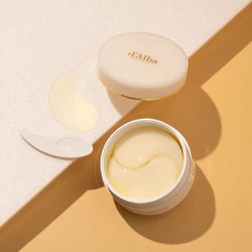 ProtoClinical k-beauty d'Alba White Truffle Intensive The Real Eye Patch 90g (68ea) shown in a square product detail graphic with beige, cream, and soft green color fields