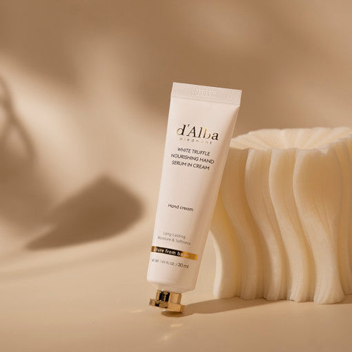 ProtoClinical k-beauty d'Alba White Truffle Nourishing Hand Serum In Cream 30ml shown in a square detail graphic with red, cream, green, and gray panels