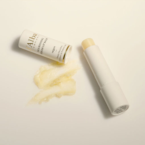 ProtoClinical k-beauty d'Alba White Truffle Nourishing Serum Lip Balm 3.6g shown in a square product detail graphic with pink, cream, and muted green color blocks