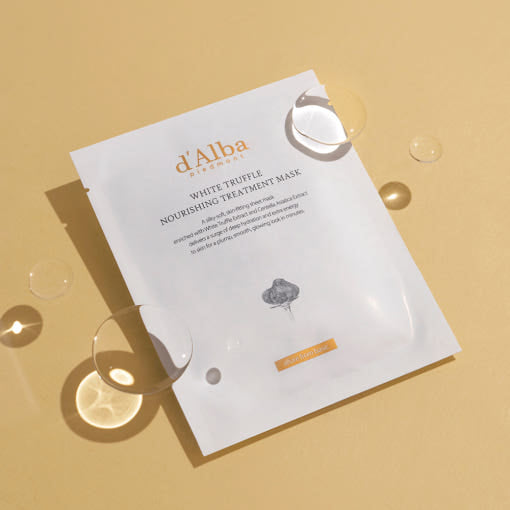 ProtoClinical k-beauty d'Alba White Truffle Nourishing Treatment Mask 25ml X 20ea shown in a square detail graphic with gray, green, pink, and cream color blocks