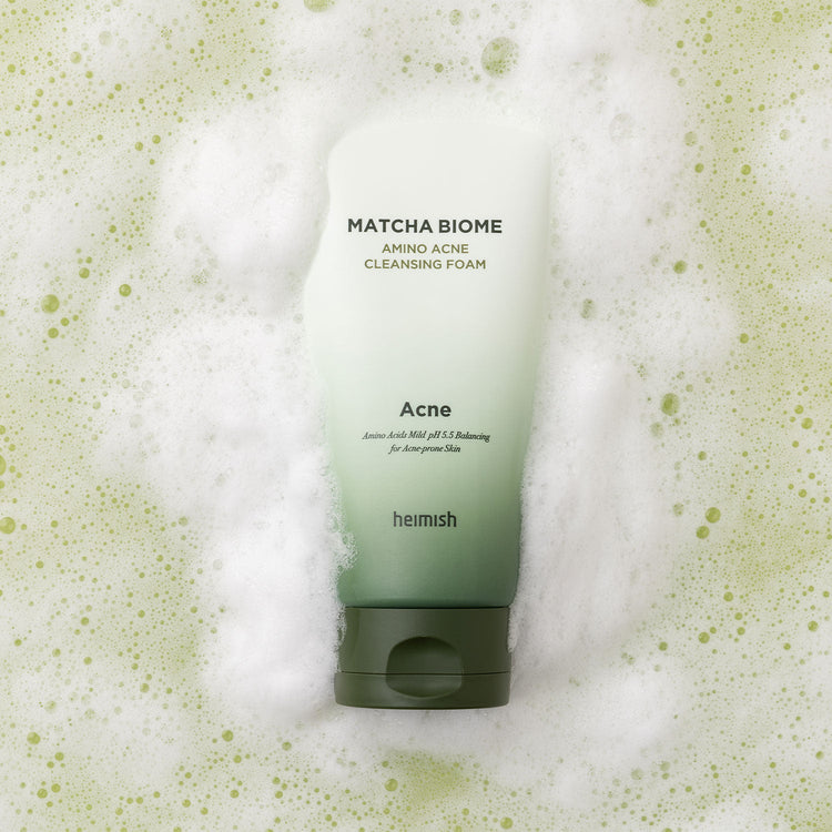 heimish Matcha Biome Amino Acne Cleansing Foam 150ml by ProtoClinical shown in a product detail image with the cleanser packaging and printed label visible on a light background for a k-beauty skincare routine.