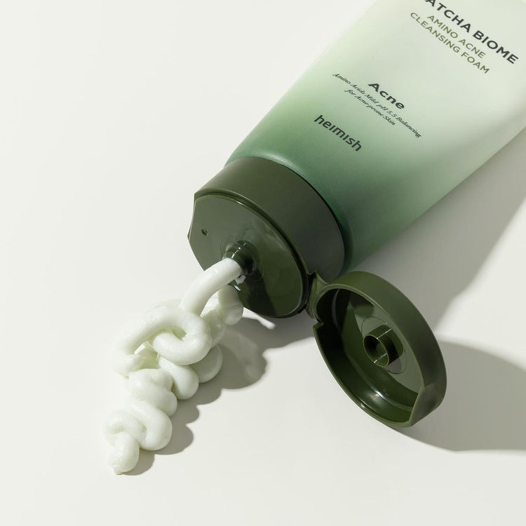 ProtoClinical k-beauty heimish Matcha Biome Amino Acne Cleansing Foam 150ml cleanser packaging featured in a square social-style product graphic on a light background
