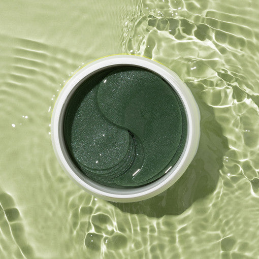 ProtoClinical k-beauty heimish Matcha Biome Hydrogel Eye Patch 1.4g X 60pcs open dark green round jar centered on a pale green background