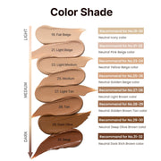 ProtoClinical k-beauty vertical beige and taupe makeup swatches on a light background.