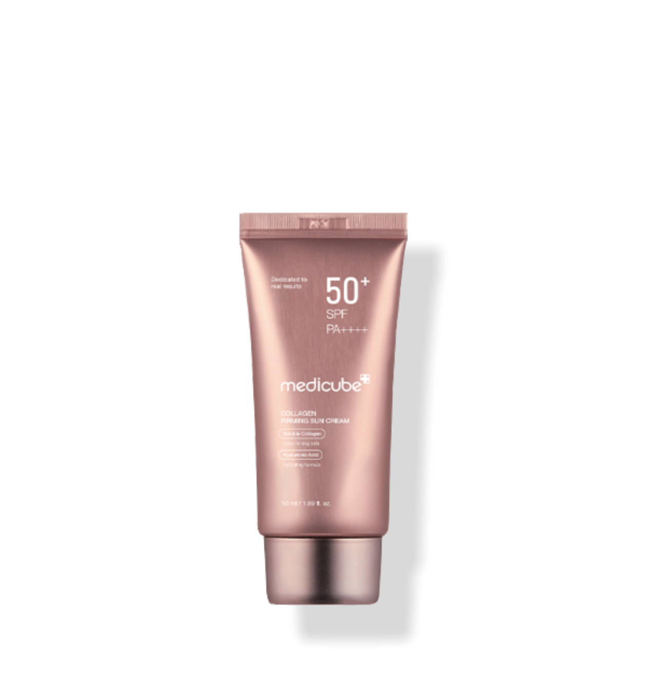 ProtoClinical k-beauty MEDICUBE: Collagen Firming Sun Cream (50ml) single rose-gold tube centered in a square product graphic on a light background
