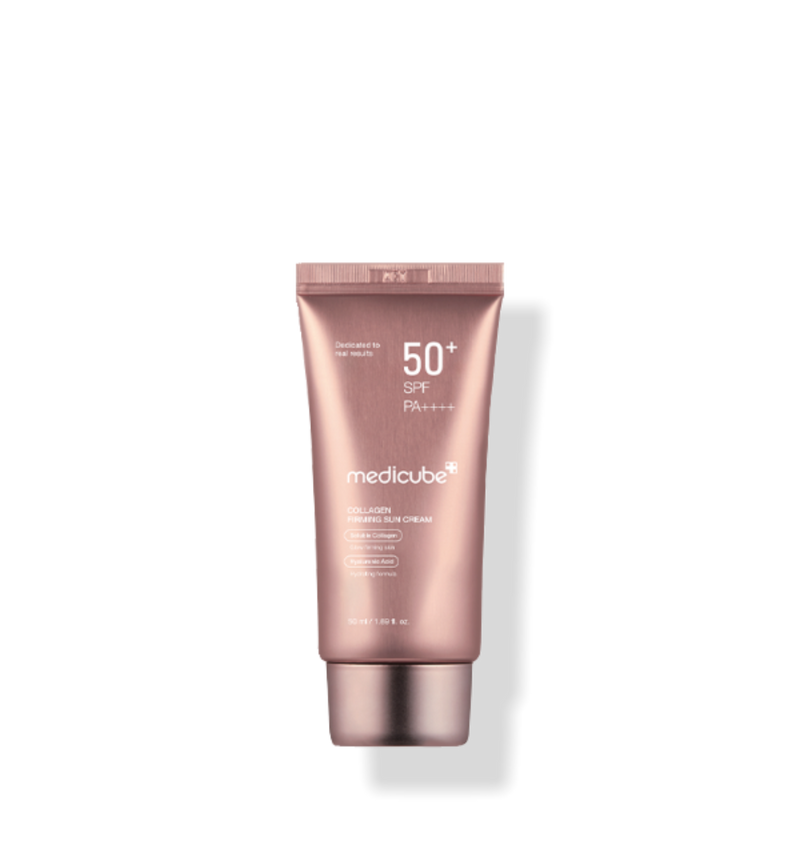 ProtoClinical k-beauty MEDICUBE: Collagen Firming Sun Cream (50ml) single rose-gold tube centered in a square product graphic on a light background