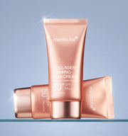 ProtoClinical k-beauty MEDICUBE: Collagen Firming Sun Cream (50ml) single rose-gold tube centered in a square product graphic on a light background