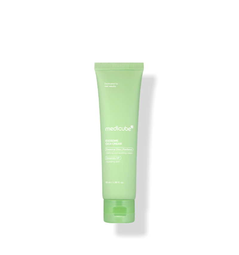ProtoClinical k-beauty MEDICUBE: Exosome Cica Cream (50ml) shown as a single upright pale green cream bottle centered on a white background.