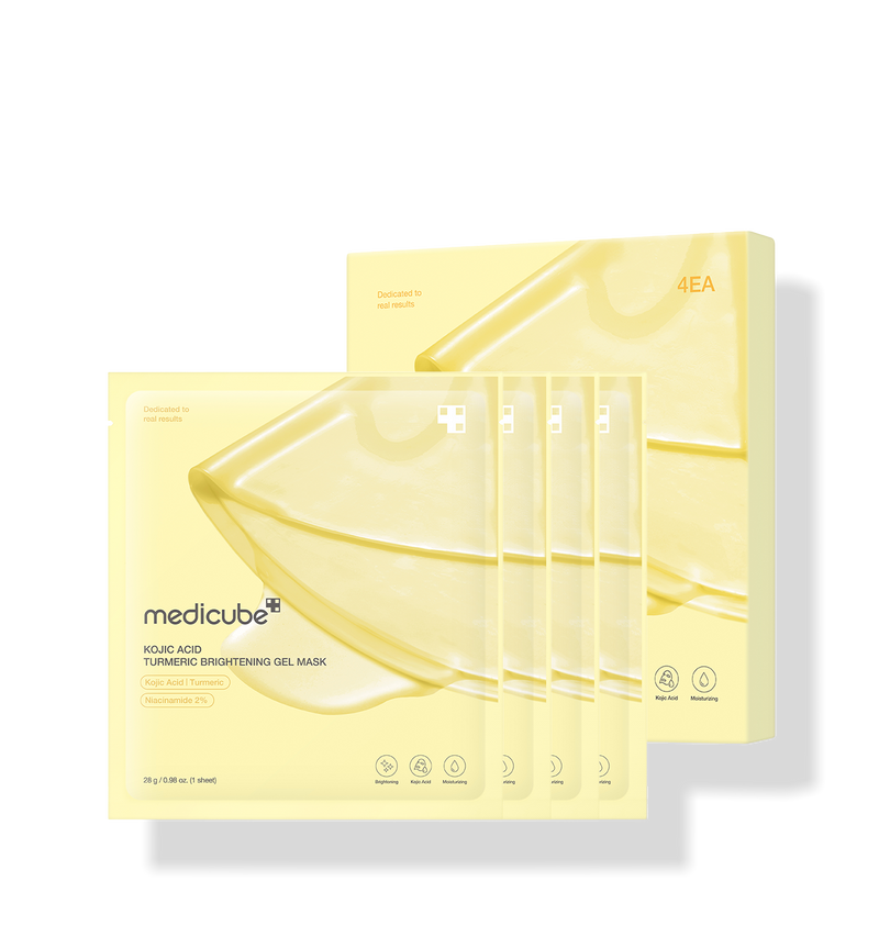 ProtoClinical k-beauty MEDICUBE: Kojic Acid Turmeric Brightening Gel Mask 28g* (4Units) single pale yellow mask packet cutout with a rounded pouch silhouette on a transparent background