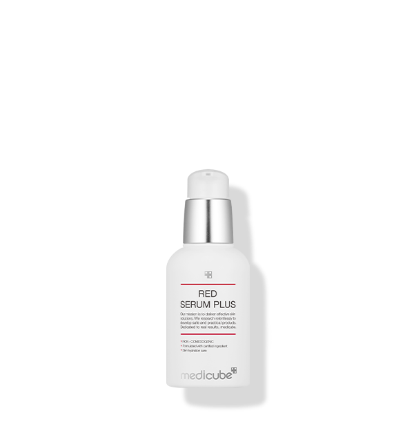 ProtoClinical k-beauty medicube Medicube Red Serum Plus 2.0 55ml single white serum bottle with a silver pump and black shadow on a black background