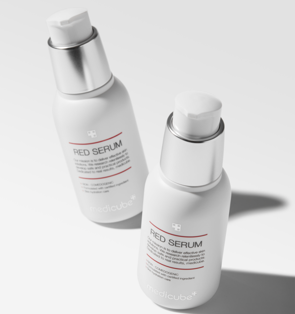 ProtoClinical k-beauty medicube Medicube Red Serum Plus 2.0 55ml two white serum bottles with silver pumps angled on a clean white background with soft shadows