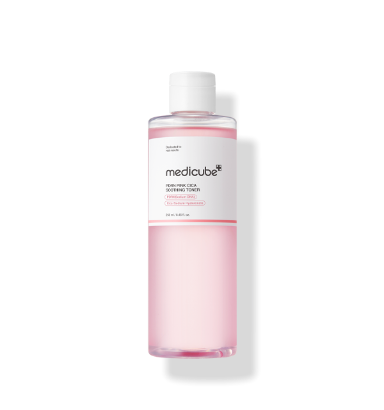 ProtoClinical k-beauty MEDICUBE: PDRN Pink Cica Soothing Toner (250ml) shown as a single upright pale pink toner bottle centered on a white background.
