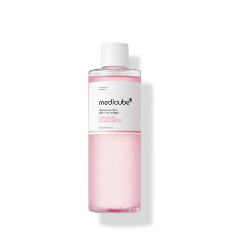 ProtoClinical k-beauty MEDICUBE: PDRN Pink Cica Soothing Toner (250ml) shown as a single upright pale pink toner bottle centered on a white background.