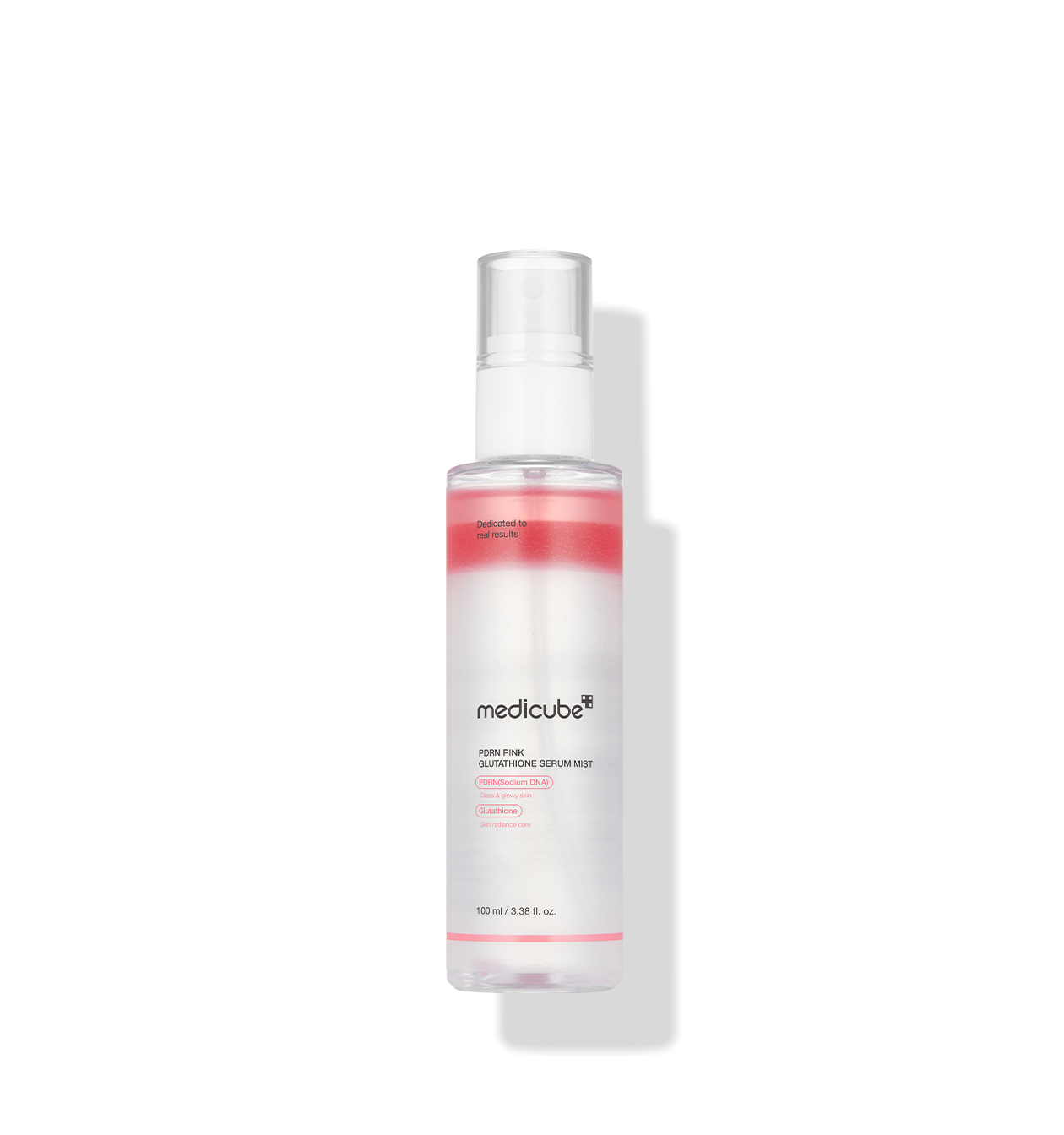ProtoClinical k-beauty medicube PDRN Pink Glutathione Serum Mist 100ml slim upright pale pink bottle cutout with soft pink side accents on a transparent background
