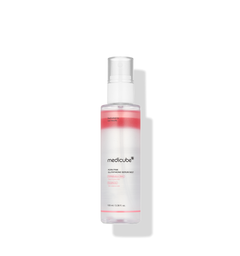ProtoClinical k-beauty medicube PDRN Pink Glutathione Serum Mist 100ml slim upright pale pink bottle cutout with soft pink side accents on a transparent background
