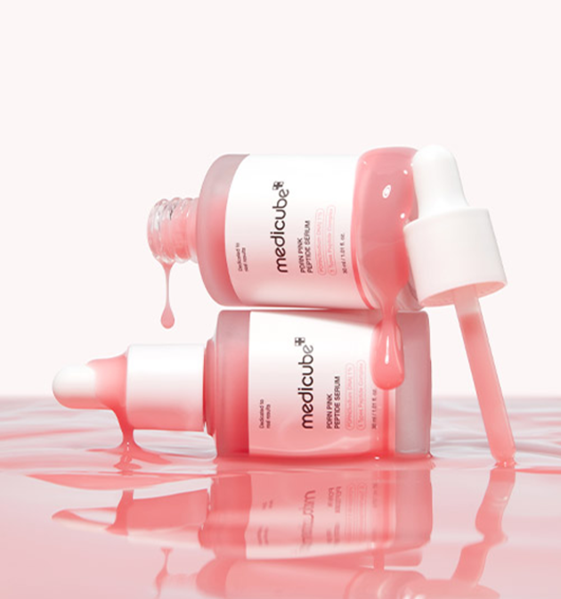 ProtoClinical k-beauty MEDICUBE: PDRN Pink Peptide Serum (30ml) product lineup with multiple serum containers centered on a pale cream background