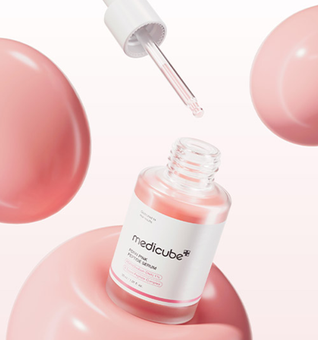 ProtoClinical k-beauty MEDICUBE: PDRN Pink Peptide Serum (30ml) product lineup with multiple serum containers centered on a pale cream background