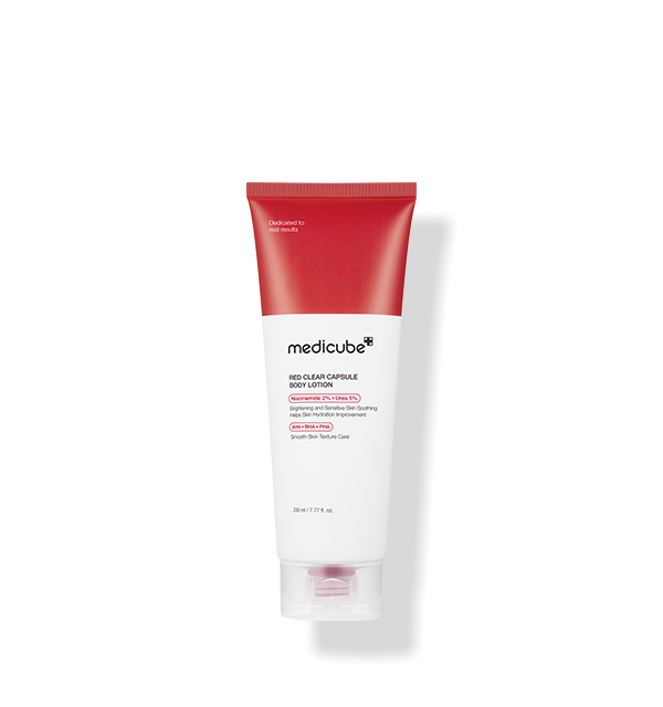 ProtoClinical k-beauty medicube Red Clear Capsule Body Lotion 230ml single upright pale pink lotion bottle on a light background