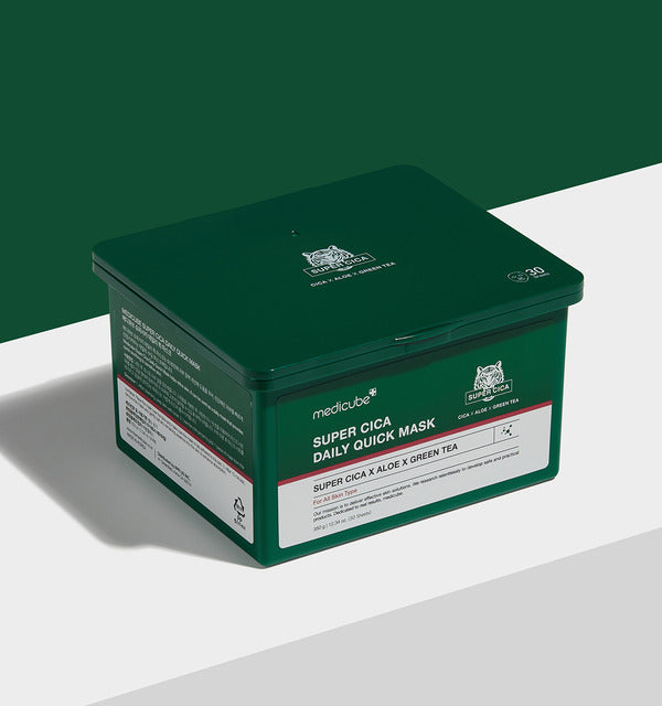ProtoClinical k-beauty MEDICUBE: Super Cica Daily Quick Mask 350g/ (30Units) dark green rectangular mask tub with a white front label on a clean white background