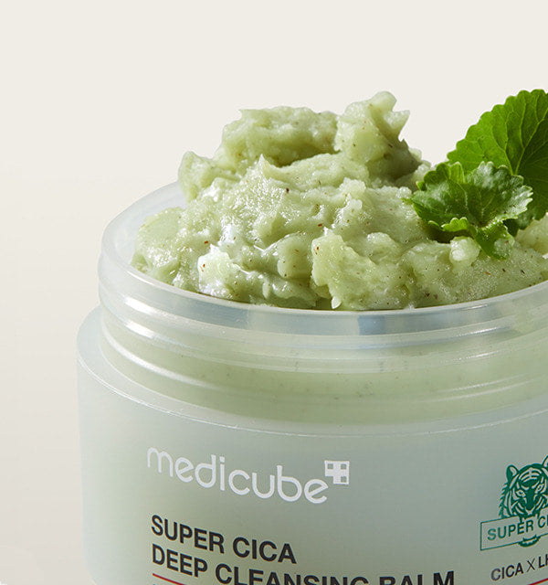 ProtoClinical k-beauty MEDICUBE: Super Cica Deep Cleansing Balm (100ml) olive beauty graphic with a pale cream left band and a darker olive right side on a light background.
