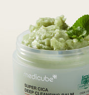 ProtoClinical k-beauty MEDICUBE: Super Cica Deep Cleansing Balm (100ml) olive beauty graphic with a pale cream left band and a darker olive right side on a light background.
