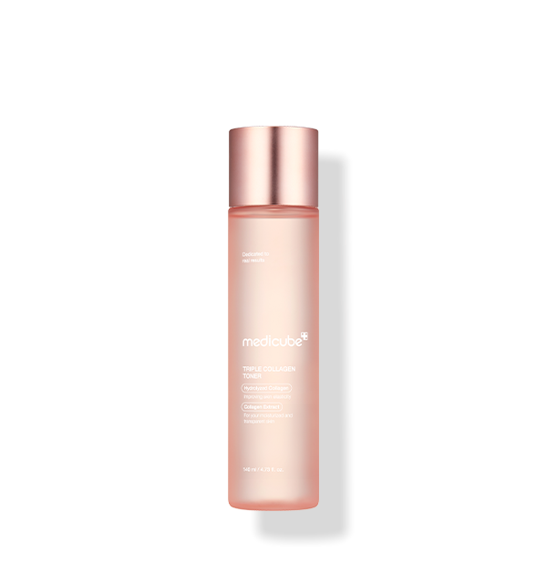 ProtoClinical k-beauty MEDICUBE: Triple Collagen Toner 4.0 (140ml) shown as a single upright peach toner bottle centered on a white background.