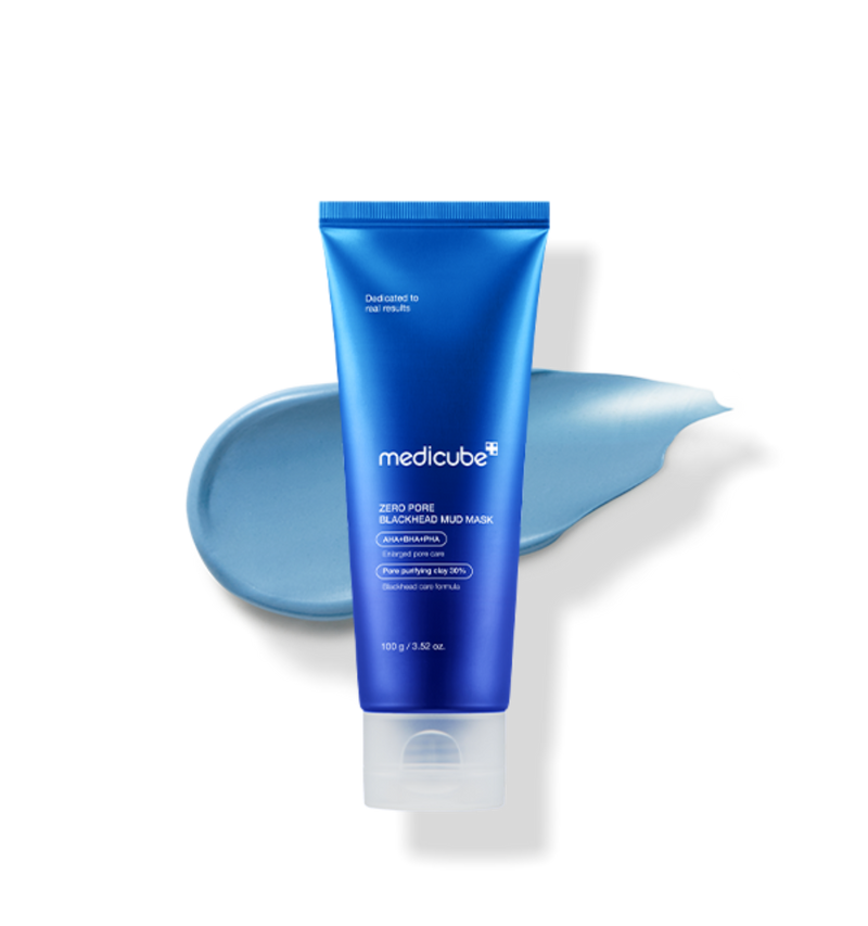 ProtoClinical k-beauty MEDICUBE: Zero Pore Blackhead Mud Mask (100g) with a blue squeeze tube centered on a deep blue panel beside a light blue clay smear and white product text