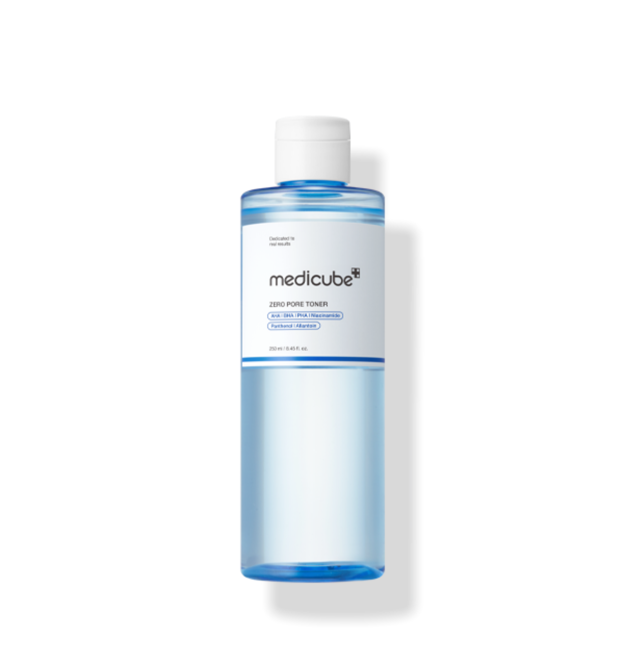ProtoClinical k-beauty MEDICUBE: Zero Pore Toner (250ml) single upright translucent blue toner bottle with a white cap and white label
