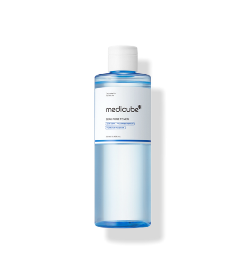 ProtoClinical k-beauty MEDICUBE: Zero Pore Toner (250ml) single upright translucent blue toner bottle with a white cap and white label