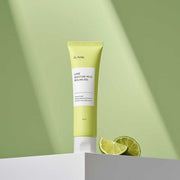 ProtoClinical k-beauty iUNIK Lime Moisture Mild Peeling Gel 90ml single upright lime-green package centered on a pale beige background with soft olive side shading.