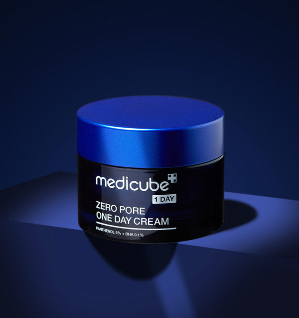 ProtoClinical k-beauty MEDICUBE: Zero Pore One Day Cream (50ml) single blue-gray cream jar with a dark lower section in a clean studio product layout