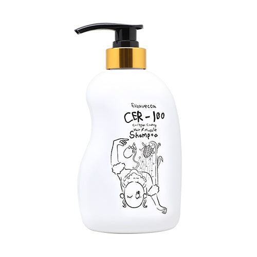 ProtoClinical k-beauty Elizavecca CER-100 Collagen Coating Hair A+ Muscle Shampoo 500ml shown as a single shampoo bottle in a centered studio packshot on a white background