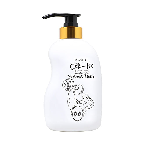 ProtoClinical k-beauty Elizavecca CER-100 Collagen Coating Hair Treatment Rinse 500ml single upright pale yellow package centered on a white background with aqua side accents.