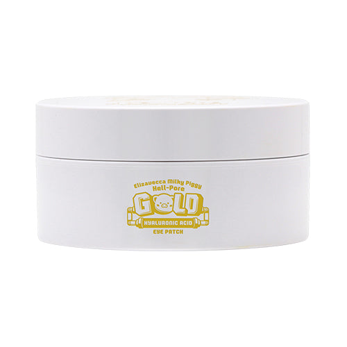 ProtoClinical k-beauty Elizavecca Milky Piggy Hell-Pore Gold Hyaluronic acid eye patch 60ea/90g single gold eye patch jar centered on a soft peach background