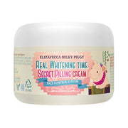 ProtoClinical k-beauty Elizavecca Milky Piggy Real Whitening Time Secret Peeling Cream 100ml single upright pale beige peeling cream package centered on a white background with pale aqua side accents.