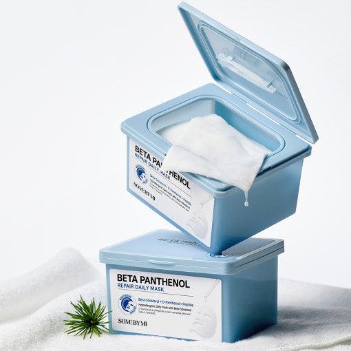 ProtoClinical k-beauty [SOME BY MI] Beta Panthenol Repair Daily Mask 30ea shown as two light blue tubs with one lid open, a white sheet draped over the rim, and a white background