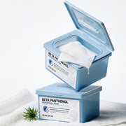 ProtoClinical k-beauty [SOME BY MI] Beta Panthenol Repair Daily Mask 30ea shown as two light blue tubs with one lid open, a white sheet draped over the rim, and a white background