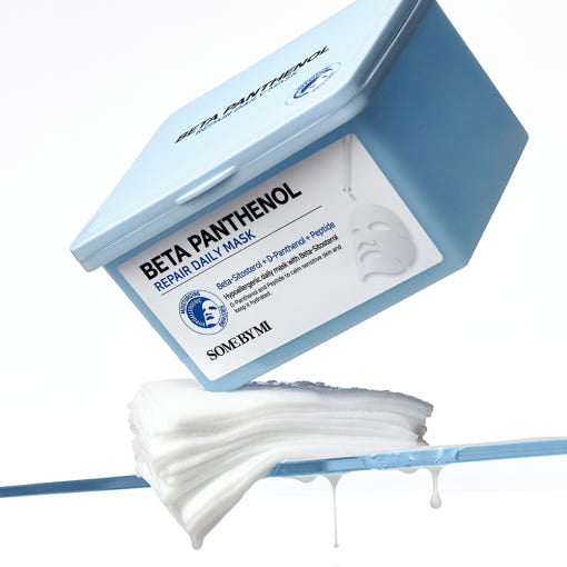 ProtoClinical k-beauty [SOME BY MI] Beta Panthenol Repair Daily Mask 30ea shown as a tilted light blue tub above folded white mask sheets with serum droplets on a white background