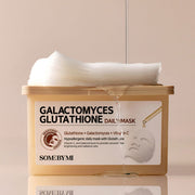 ProtoClinical k-beauty [SOME BY MI] Galactomyces Glutathione Daily Mask 30 Sheets shown as a beige square tub with stacked white mask sheets on the lid and serum dripping down the front on a warm cream background